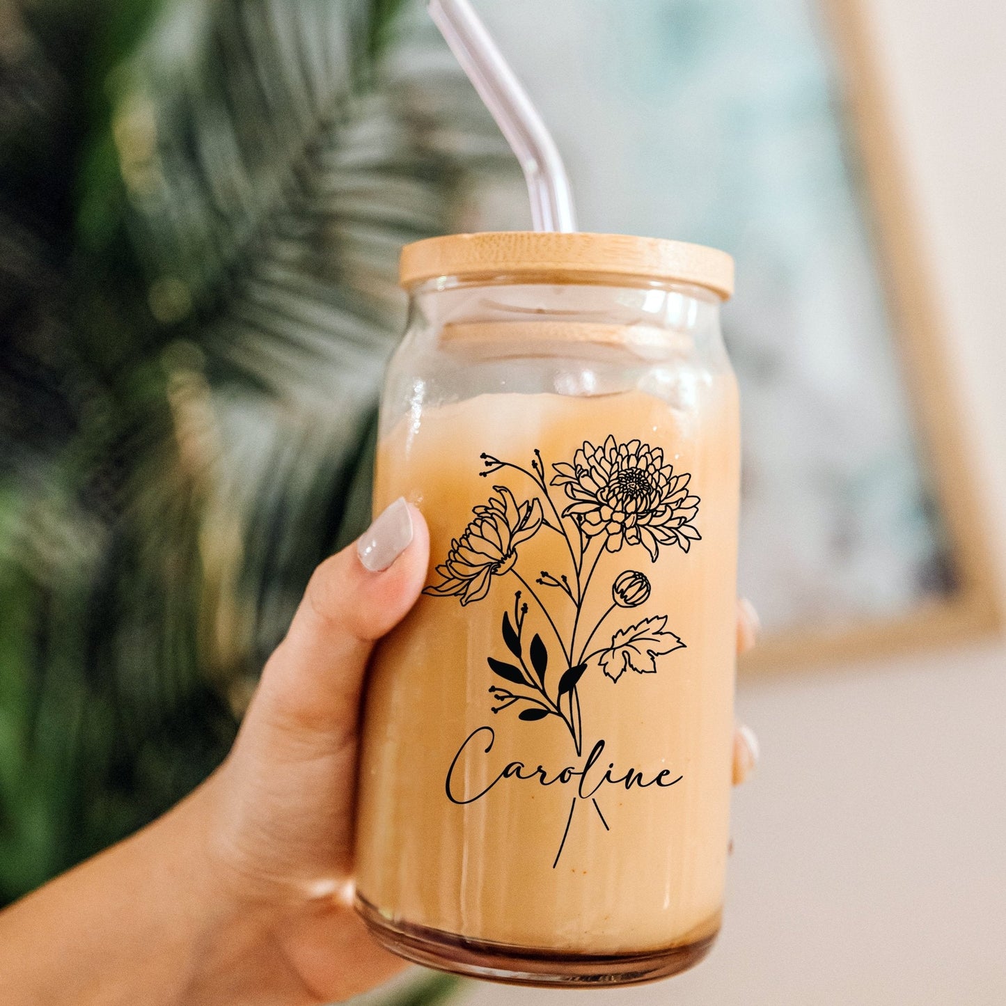 Personalized Birth Flower with Lid and Straw