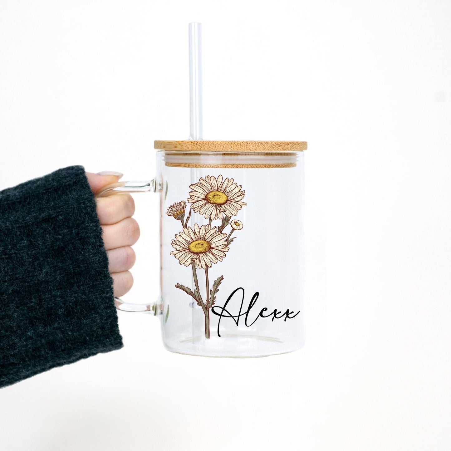 Personalized Color Birth Flower 17oz Glass Mug With Lid and Straw