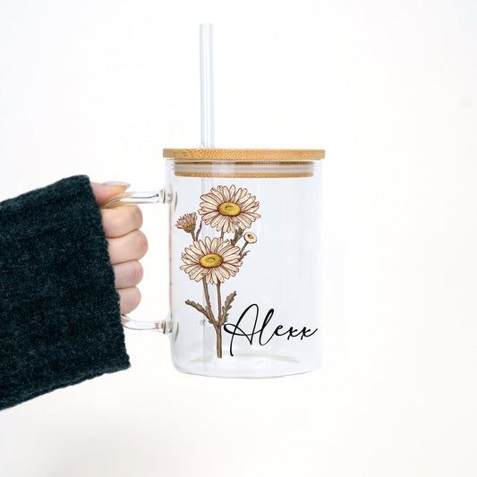 Personalized Color Birth Flower 17oz Glass Mug With Lid and Straw