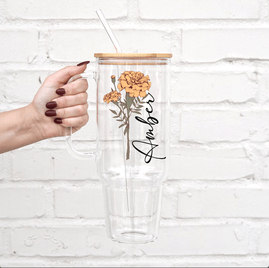 Personalized Color Birth Flower 40oz Glass or Plastic Tumbler With Lid and Straw