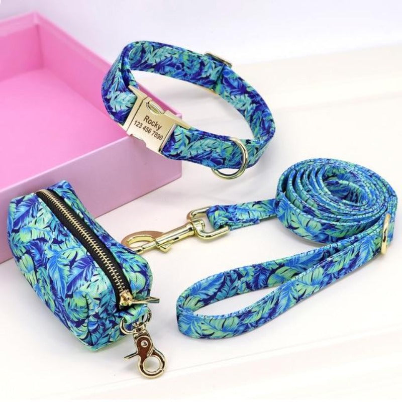 Floral Dog Collar & Leash Set With Matching Poop Bag Case | Personalized Free