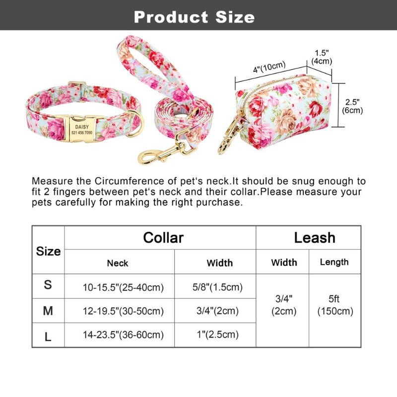 Floral Dog Collar & Leash Set With Matching Poop Bag Case | Personalized Free