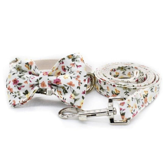 White Floral Bow Tie Dog Collar & Leash Set | Personalized Free