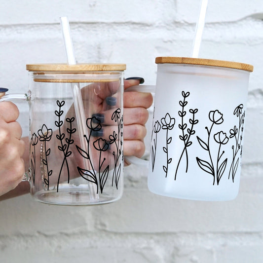 Wildflower 17oz Glass Mug with Lid and Straw