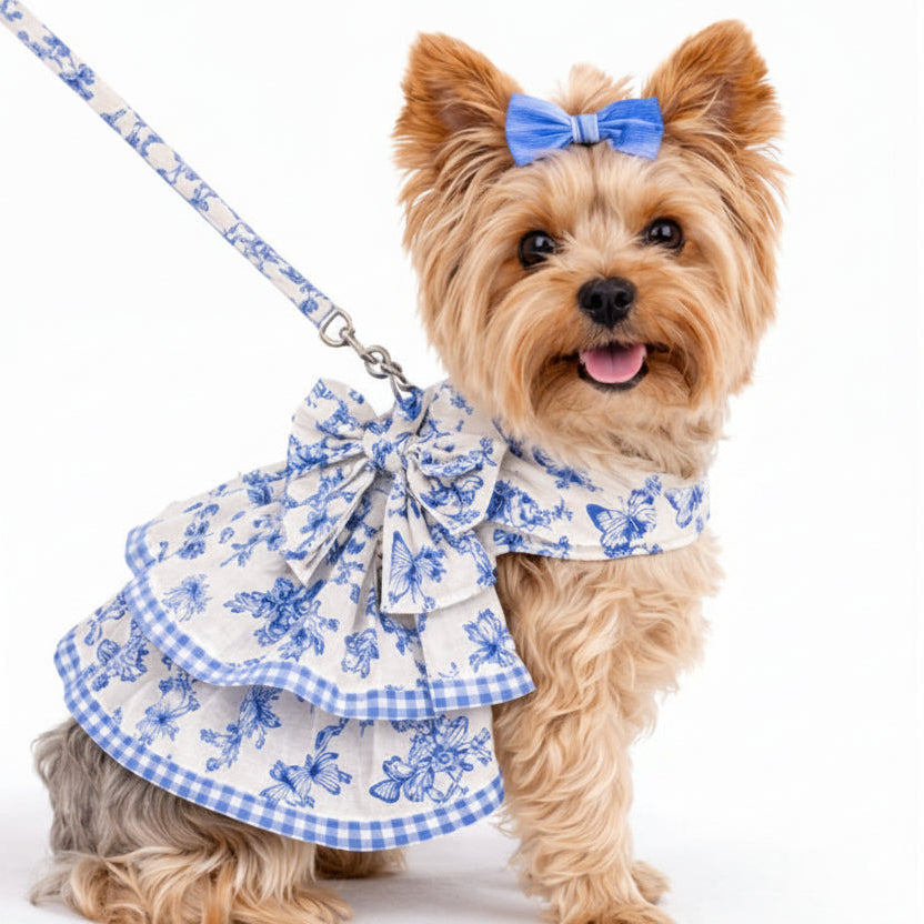 French Blue Toile Garden Dog Harness Dress & Leash Set